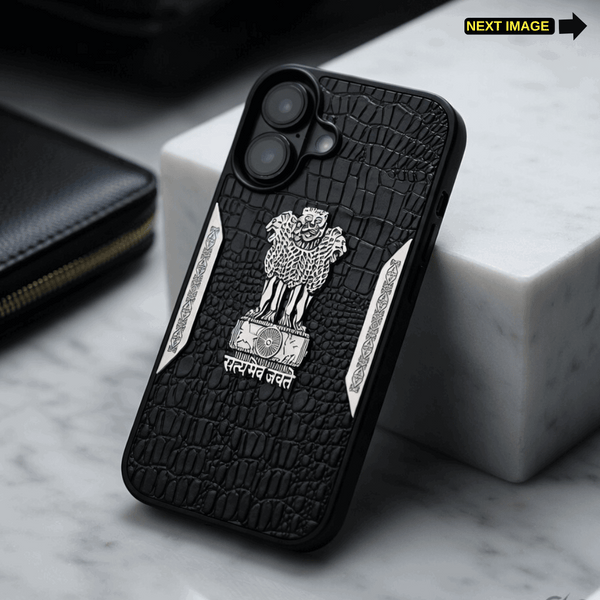 Black Satyameva Jayate embossed Leather Case for Apple iphone 16