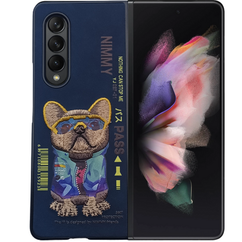 Dark Blue Leather Pass Bulldog Ornamented for Samsung Galaxy Z Fold 3