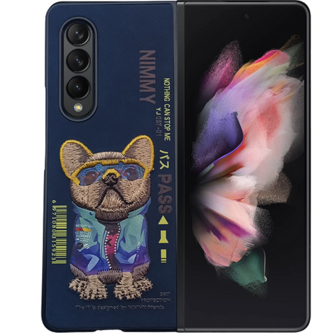 Dark Blue Leather Pass Bulldog Ornamented for Samsung Galaxy Z Fold 4
