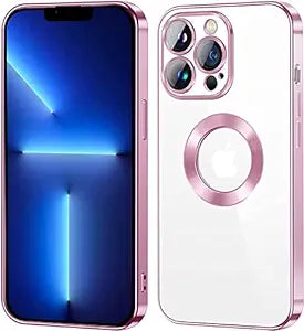 Pink 6D Chrome Logo Cut Transparent Case for Apple iphone 14 Pro Max