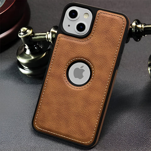Puloka Brown Logo cut Leather silicone case for Apple iPhone 14