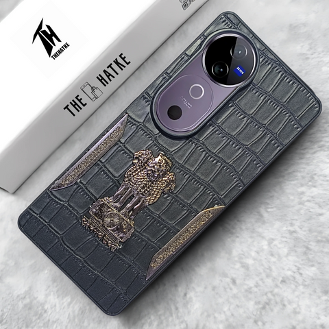 Black (Design 1) Satyameva Jayate embossed Leather Case for Vivo V40