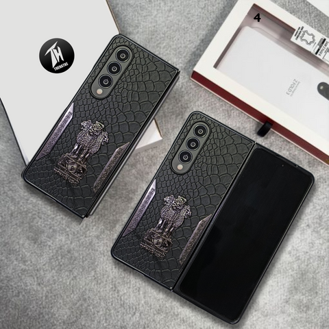 Black (Pattern 4) Satyameva Jayate embossed Leather Case for Samsung Galaxy Z Fold 4
