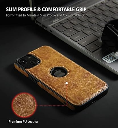 Puloka Brown Logo cut Leather silicone case for Apple iPhone 15 Plus
