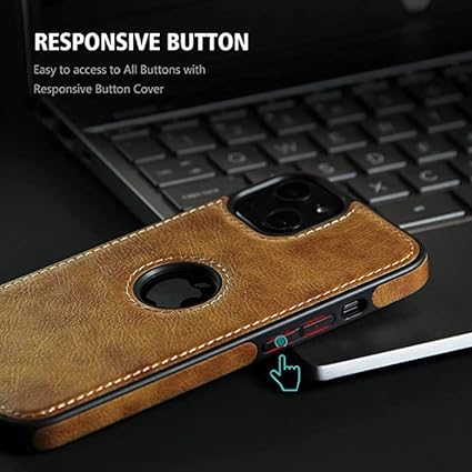 Puloka Brown Logo cut Leather silicone case for Apple iPhone 15 Plus
