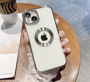Silver 6D Chrome Logo Cut Transparent Case for Apple iphone 15 Plus