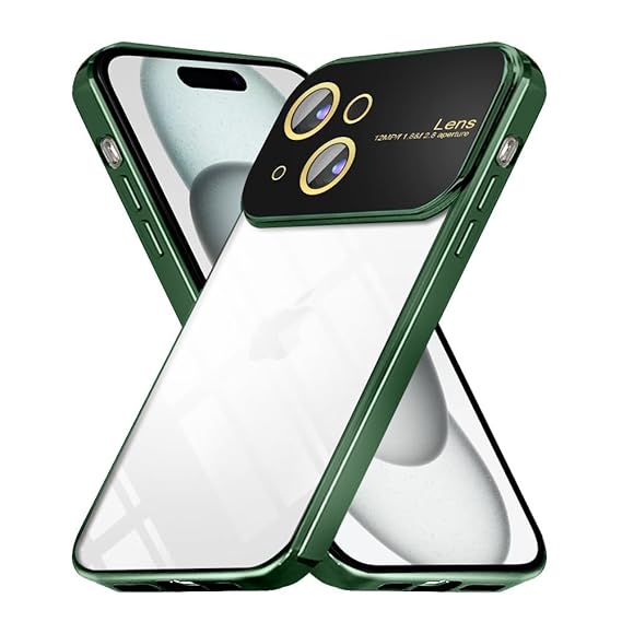 Luxury Plating Green Camera Protection Transparent Case for Apple iphone 15 Plus