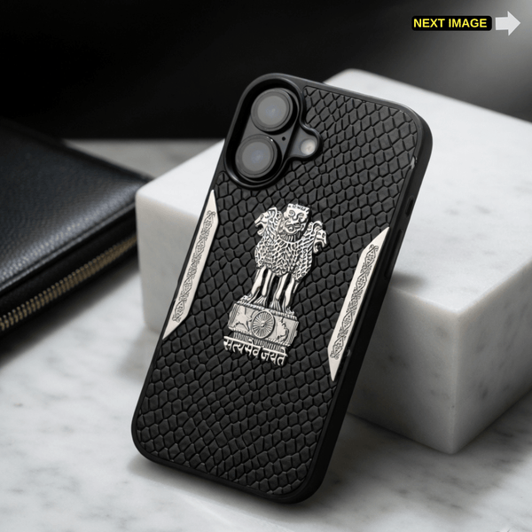 Black Satyameva Jayate embossed Leather Case for Apple iphone 17