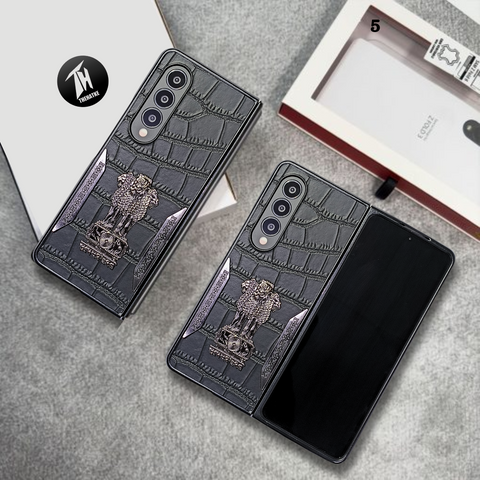 Black (Pattern 5) Satyameva Jayate embossed Leather Case for Samsung Galaxy Z Fold 3