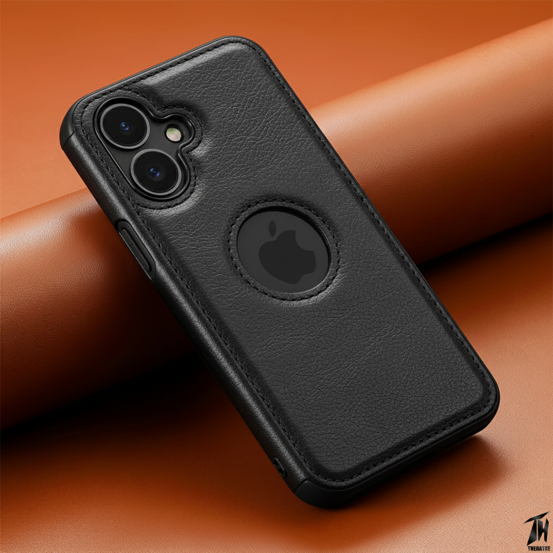 Puloka Black Logo cut Leather silicone case for Apple iPhone 16 Plus