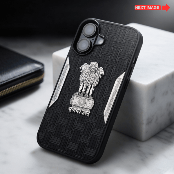 Black Satyameva Jayate embossed Leather Case for Apple iphone 17