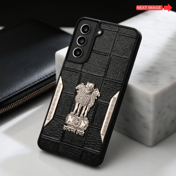 Black Satyameva Jayate embossed Leather Case for Samsung S21 Fe