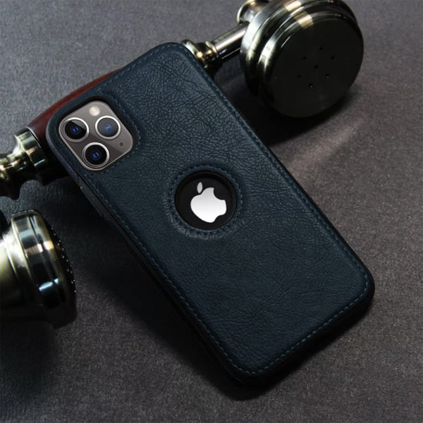 Puloka Dark Blue Logo cut Leather silicone case for Apple iPhone 15 Pro Max