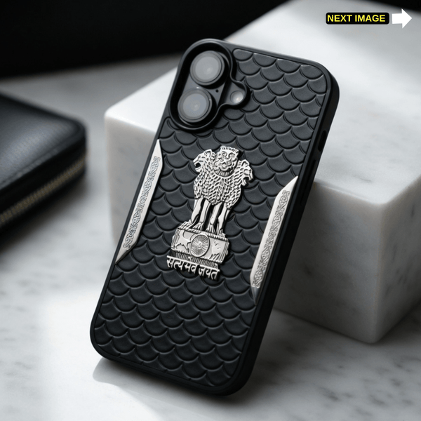 Black Satyameva Jayate embossed Leather Case for Apple iphone 17