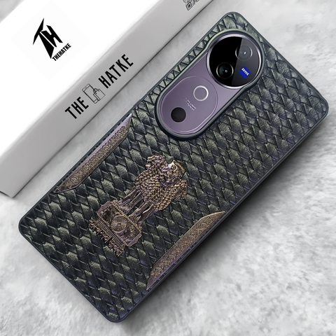 Black (Design 4) Satyameva Jayate embossed Leather Case for Vivo V40
