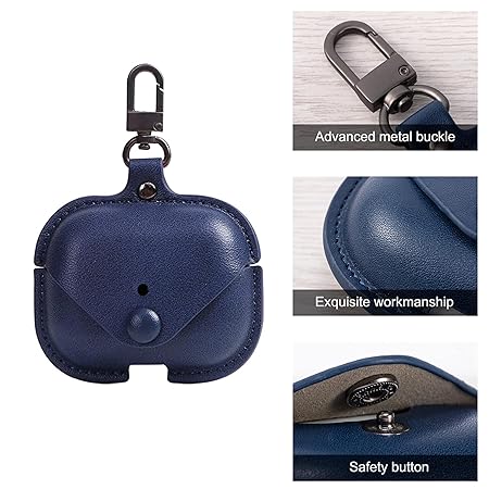 Button Dark Blue Leather Case For Apple Airpods 3