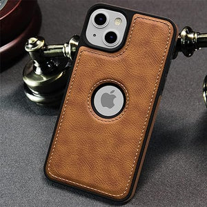 Puloka Brown Logo cut Leather silicone case for Apple iPhone 15 Plus