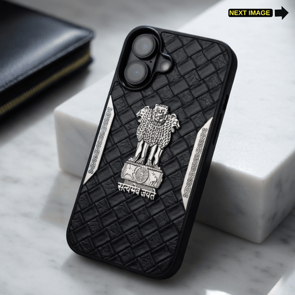 Black Satyameva Jayate embossed Leather Case for Apple iphone 17