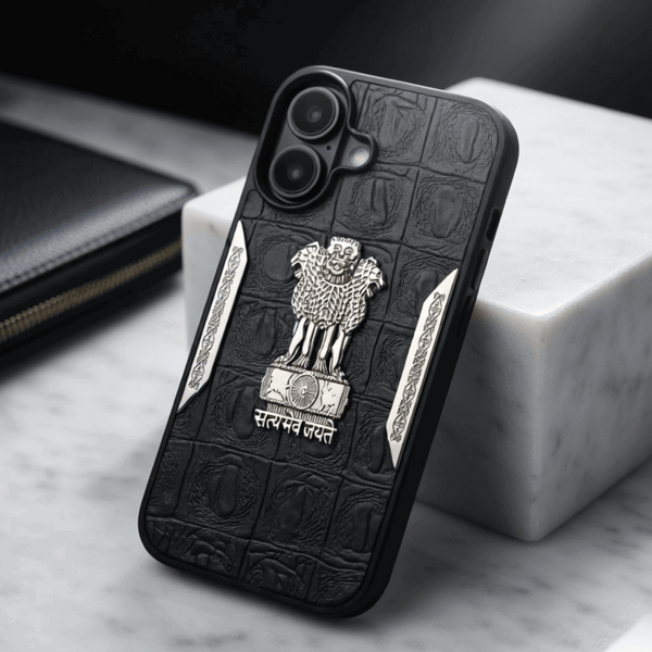 Black Satyameva Jayate embossed Leather Case for Apple iphone 16