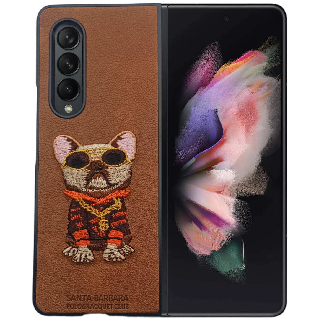Brown Leather Bulldog Ornamented for Samsung Galaxy Z Fold 4