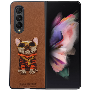 Brown Leather Bulldog Ornamented for Samsung Galaxy Z Fold 3