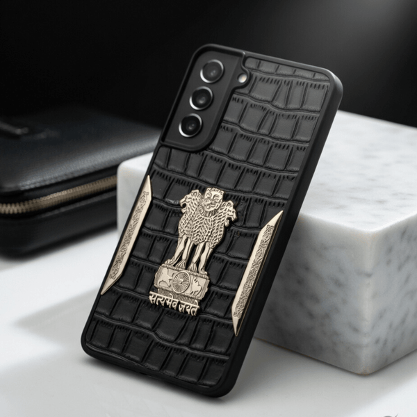 Black Satyameva Jayate embossed Leather Case for Samsung S21 Fe