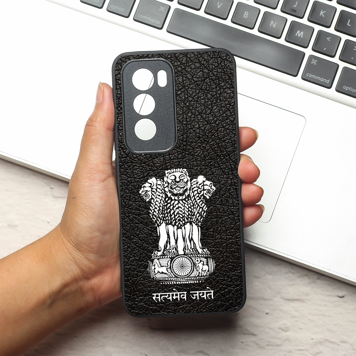 Black Satyamev Jayate metal back case for Oppo Reno 12