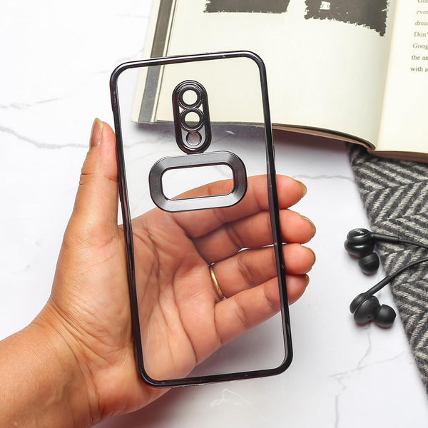 Black 6D Chrome Logo Cut Transparent Case for Oneplus 7 - The Hatke