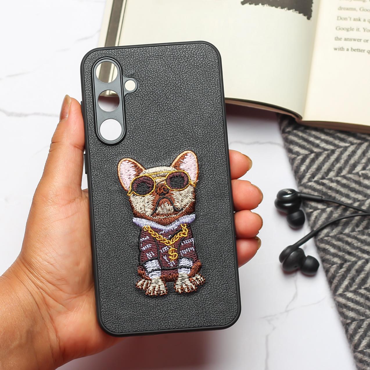 Black Leather Brown Bulldog Camera Ornamented for Samsung S23 FE - The Hatke