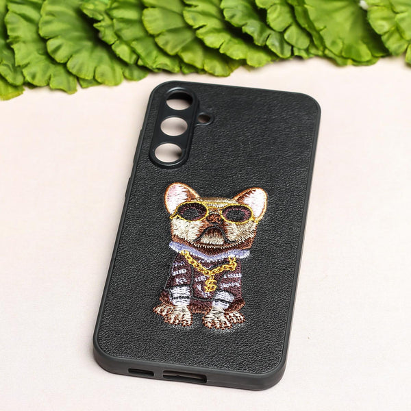 Black Leather Brown Bulldog Camera Ornamented for Samsung S23 FE - The Hatke