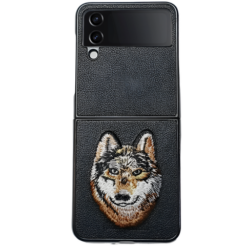Black Leather Brown fox Ornamented  case for Samsung Galaxy Z FLIP 3 - The Hatke