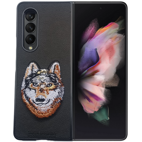 Black Leather Brown fox Ornamented for Samsung Galaxy Z Fold 4 - The Hatke