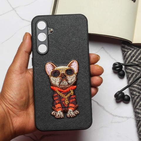 Black Leather Bulldog Camera Ornamented for Samsung S23 FE - The Hatke