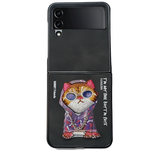 Black Leather Cute Cat Ornamented  case for Samsung Galaxy Z FLIP 3 - The Hatke