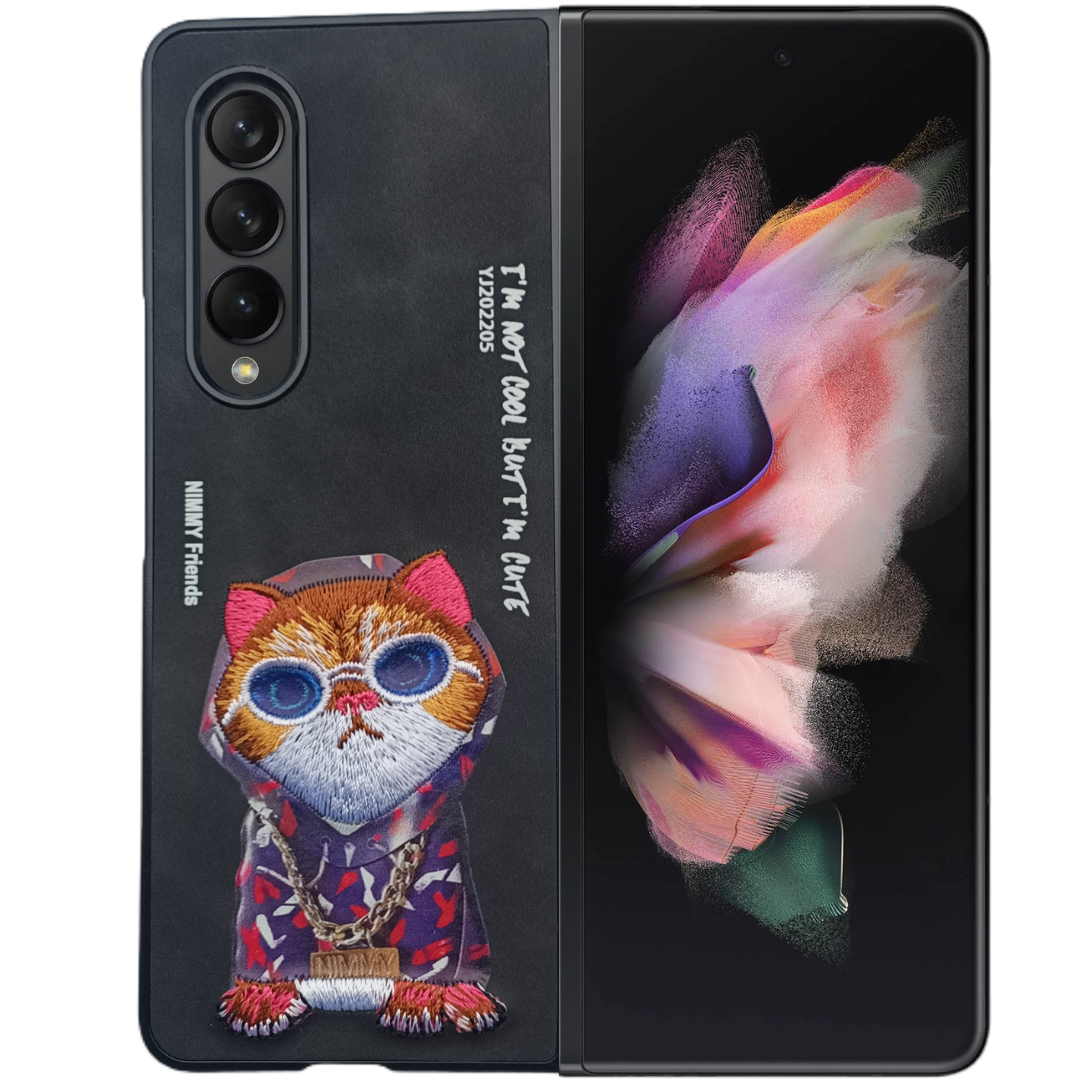 Black Leather Cute Cat Ornamented for Samsung Galaxy Z Fold 4 - The Hatke