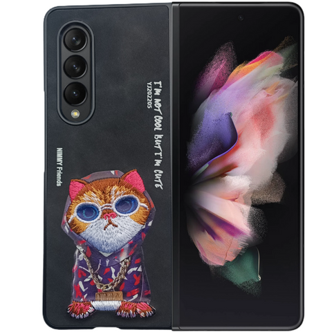 Black Leather Cute Cat Ornamented for Samsung Galaxy Z Fold 4 - The Hatke