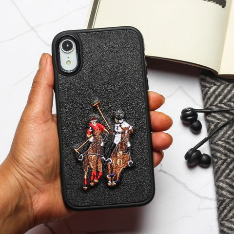 Black Leather Dual Horse Rider Ornamented for Apple iPhone Xr - The Hatke