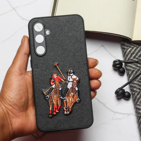 Black Leather Dual Horse rider Camera Ornamented for Samsung S23 FE - The Hatke