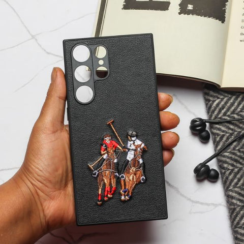 Black Leather Dual Horse rider Camera Ornamented for Samsung S23 Ultra - The Hatke