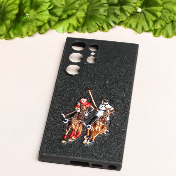 Black Leather Dual Horse rider Camera Ornamented for Samsung S23 Ultra - The Hatke