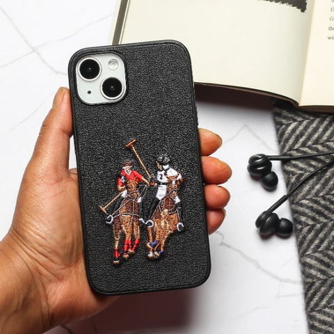 Black Leather Dual Horse rider Ornamented for Apple iPhone 13 - The Hatke
