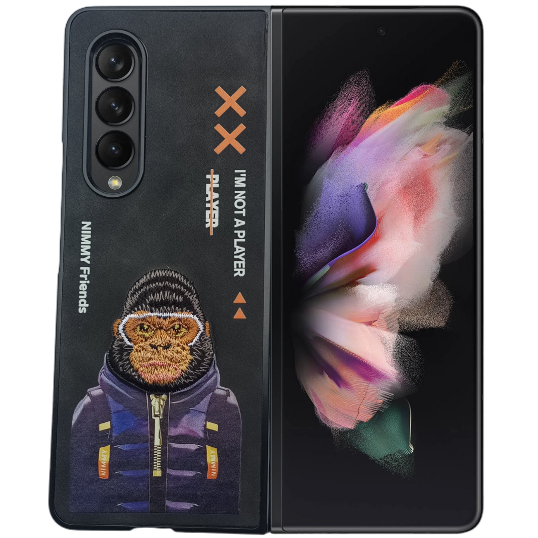 Black Leather Gorilla Ornamented for Samsung Galaxy Z Fold 4 - The Hatke