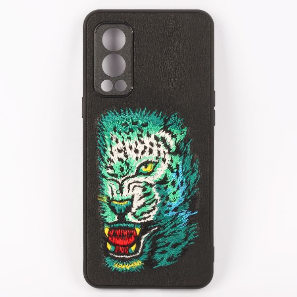 Black Leather Green Lion Camera Ornamented for Oneplus Nord 2 - The Hatke