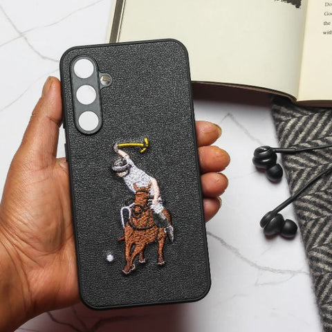 Black Leather Horse Rider Camera Ornamented for Samsung S23 FE - The Hatke