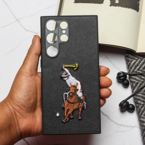 Black Leather Horse rider Camera Ornamented for Samsung S23 Ultra - The Hatke