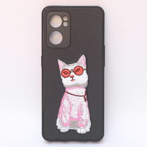 Black Leather Pink Cat Ornamented for Oneplus Nord CE 2 - The Hatke