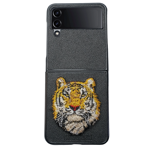 Black Leather Yellow Lion Ornamented  case for Samsung Galaxy Z FLIP 3 - The Hatke