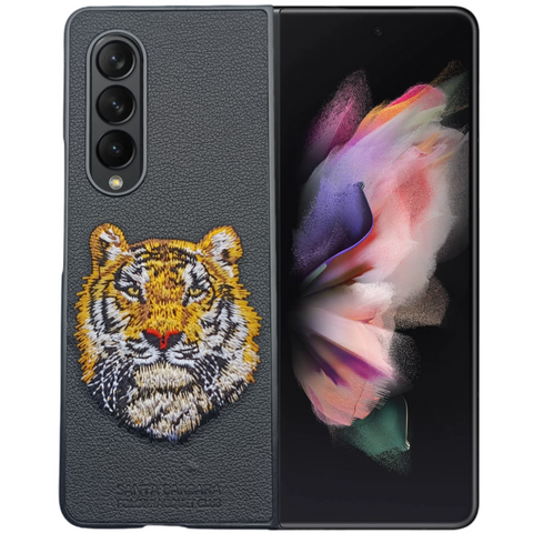 Black Leather Yellow Lion Ornamented for Samsung Galaxy Z Fold 4 - The Hatke