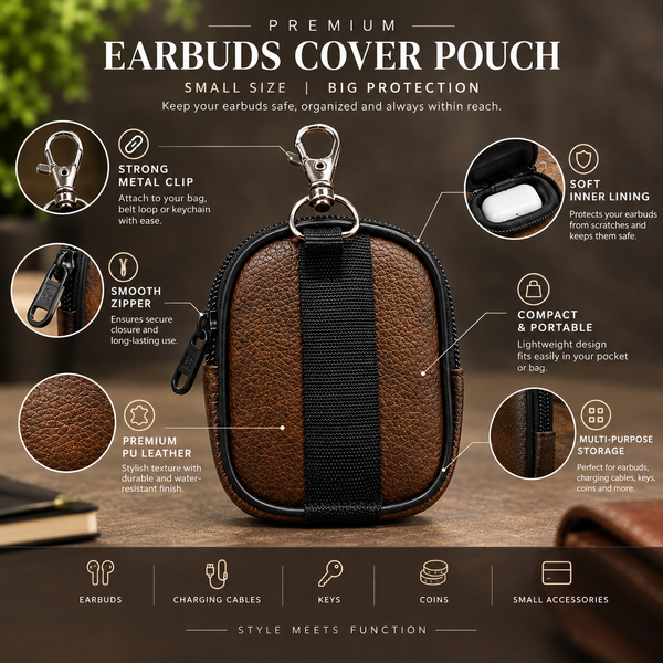 Dark Brown Premium Bluetooth Earbuds Cover Pouch