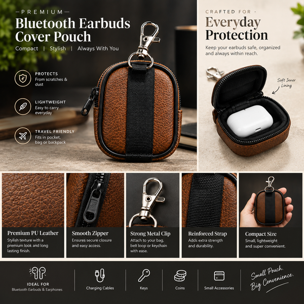 Dark Brown Premium Bluetooth Earbuds Cover Pouch